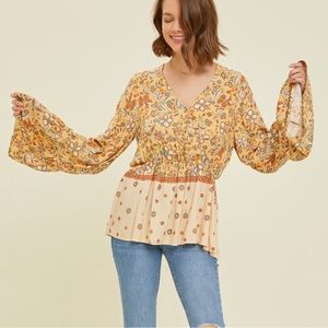 Women's boho Mustard Bell Sleeve Floral Top Blouse 3x